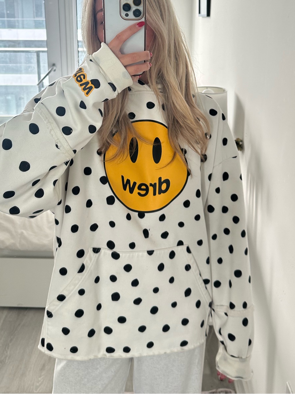 Authentic Drew House White & Black Polka Dot Hoodie With Yellow Smile Logo